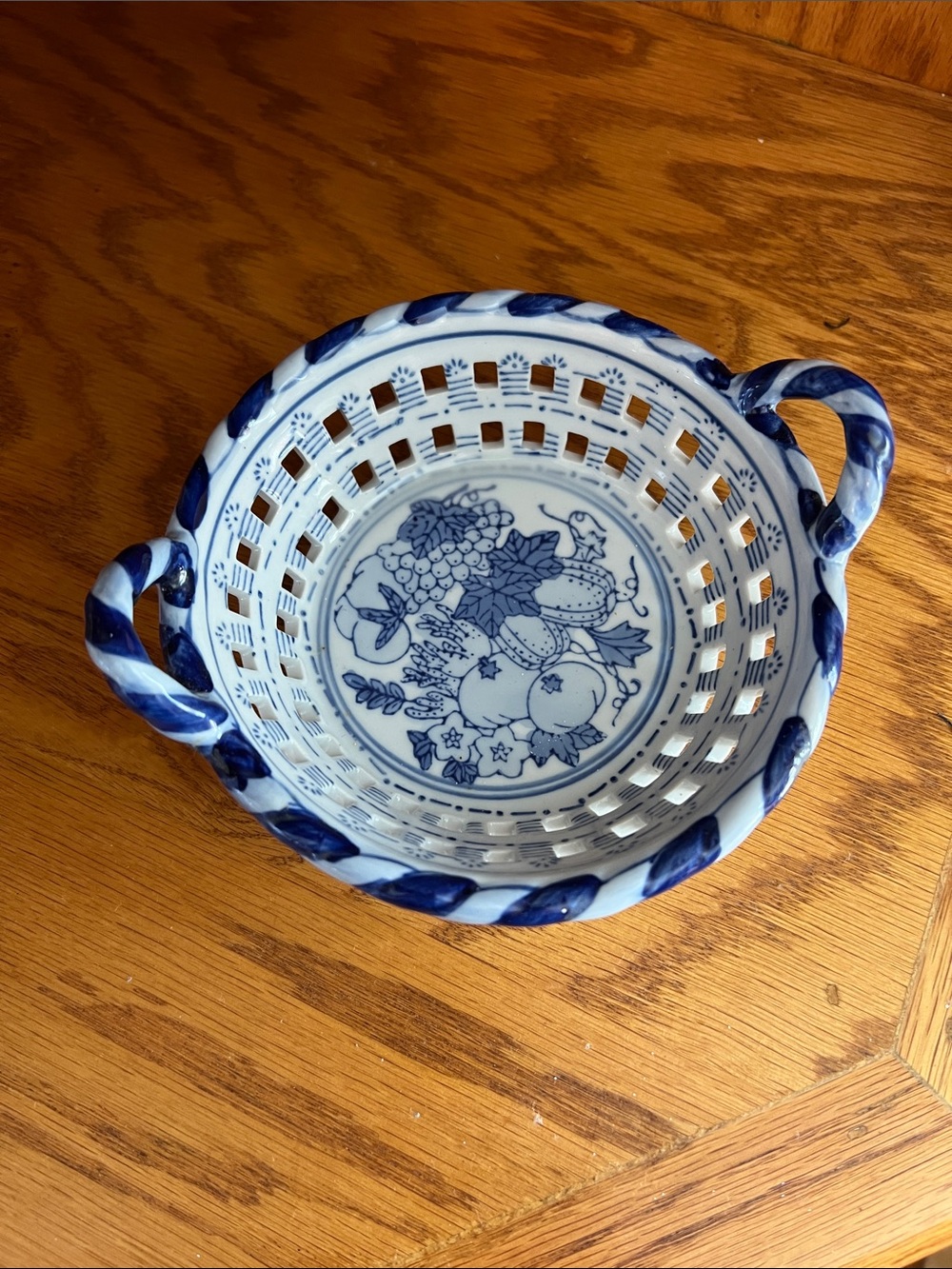 Vintage Blue and White Ceramic Basket Dish
